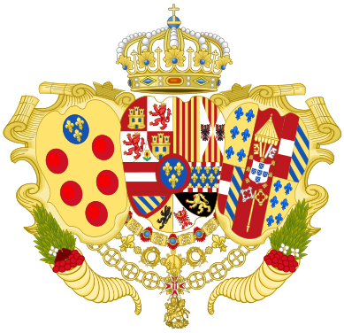 Coat of arms as Infante of Spain, Sovereign Duke of Parma, Piacenza and Guastalla, and Grand Prince and Heir of Tuscany (1731–1735)[66]