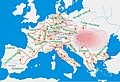 Image 26Hungarian campaigns across Europe in the 10th century. Between 899 and 970, according to contemporary sources, the researchers count 47 (38 to West and 9 to East) raids in different parts of Europe. From these campaigns only 8 were unsuccessful and the others ended with success. (from History of Hungary)
