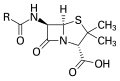 Penicillin, an antibiotic ("R" is the variable group)