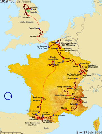 Map of France showing the path of the race going clockwise starting in the United Kingdom, going through Belgium, then around France.