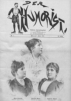 1892 new year's issue of Der Humorist, artistic trio of the Burgtheater: Charlotte Wolter (top), Maria Pospischil and Katharina Schratt