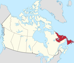 Mapa Kanady s vyznačenou polohou Newfoundlandu a Labradoru