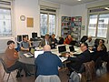 Edit-a-thon Wikipedia alla Fondazione CDEC. Da sinistra: La dott.ssa Sara Buda del CDEC (Ufficio Stampa e Ricerca Scientifica), Kaspo (Wp), Gianfranco (Wp), Daniele Saibene (Wi), Bramfab (Wp), Civvi (Wp), dott.ssa Patrizia Baldi del CDEC (Archivio Storico), dott.ssa Laura Brazzo del CDEC (Responsabile Archivio Storico e Managing Editor della rivista QUEST), Fcarbonara (Wp), Ettorre (Wp) )