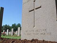 HIS LAST MESSAGE: NO MORE WARS FOR ME – A headstone in the Jerusalem British World War I Cemetery on Mount Scopus