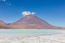 Licancabur, against a blue sky across the Laguna Verde salt lake