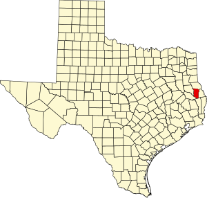 Map of Texas highlighting San Augustine County