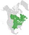 Map of North America with green shading. Data source Brouillet et.al., Flora of North America