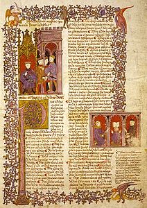 Biblia de Alba, 1422-1433. Biblia hebrea traducida al romance por el toledano Rabí Mošé Arragel,[30]​ por encargo de Don Luis González de Guzmán, Maestre de la Orden de Calatrava. Las imágenes que acompañan el texto del rabino hispano fueron realizadas por un miniaturista cristiano. Se trata de un texto miniado en estilo gótico español y de un importante ejemplo de arte sefardí.