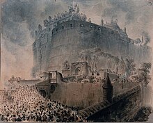 Drawing of the castle surrounded by crowds