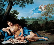 De Gebuat vom Apollo und vo da Diana/Artimis (Leto mit de Zwilling im Vordagrund, im Hintagrund de Vafoigarin Hera), umara 1700)