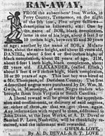 A clipping of a newspaper from 1837 reading, "Ran Away, from the subscribers' Iron Works, in Perry County, Tennessee, on the night of the 8th inst., Five negro fellows-descrptions as follweth, viz: One by the name of BOB, black complexion, lame in one of his legs, about 5 feet 9 or 10 inches high, between 25 and 30 years of age; another by the name of BOB, a Mulatto man, about the same height, and about 25 years old, DANIEL, about 5 feet 4 or five inches high, of black complexion, about 22 years of age. JIM, about 6 feet 1 inch high, black complexion, about 22 years old. ELEXANDER, (called Ellick,) about 5 feet 4 or 5 inches high, black complexion, 18 or 20 years of age. This last boy was hired of a Mr. Thompson, of Davidson County. The first 4 described negros were purchased by Dr. Wm. M. Gwin, in Mississippi, of some Negro traders who brought them from Virginia or South Carolina. A liberal reward will be given for the apprehension and confinement, or delivery of said negroes, or either of them, so that we get them again. Any information with regard to them, addressed to John Dixon, at the Iron Works, or A. D. Duval or Samual P. Love, Nashville, will be thankfully received, and the informant well rewarded. GWIN & LOVE, By A. D. DUVAL & S. T. LOVE