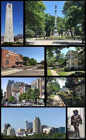 Do topo, em sentido horário: NC State bell tower, Confederate Monument no Capitólio Estadual da Carolina do Norte, casas em Boylan Heights, casas em Historic Oakwood, estátua de Sir Walter Raleigh, panorama do centro, Fayetteville Street, e o distrito de Warehouse