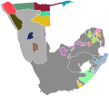 Mapa de Suráfrica e África do Suroeste (actual Namibia), que mostra os bantustáns creados en ambos os países