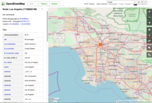 A screen from OpenStreetMap shows data for the city of Los Angeles. You can see a local "name," with no language code, as well as several multilingual names that identify the languages using two-letter codes—ar (Arabic),  ba (Bashkir), bn (Bengali), etc.