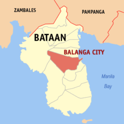 Mapa ng Bataan na nagpapakita ng lokasyon ng Lungsod ng Balanga.