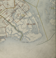 A colored map of Wards 31 and 32 in 1920, showing Barren Island under the text "Sections 38 and 39"