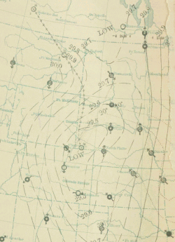 Weather map showing cyclone centered in Colorado. Cold advection behind this system led to the record cold snap.