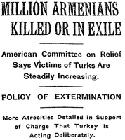 1915 թվականին Նյու Յորք Թայմս թերթում Հայոց ցեղասպանության հոդվածի գլխագիր