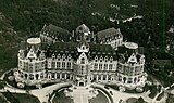 A birds-eye view in black-and-white on a luxury building