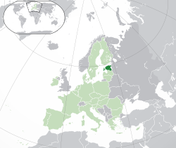 Ibùdó ilẹ̀  Estóníà  (green) – on the European continent  (light green & grey) – in the European Union  (light green)  —  [Legend]