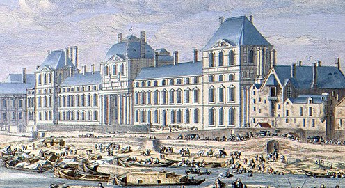 From 1660 to 1663, Louis Le Vau extended the south wing by duplicating Lescot's austere terminal pavilion and wing but providing an original central pavilion with a colossal order of engaged Corinthian columns rising from the ground[32]: 11–12  (detail from an engraving by Jan van Huchtenburg after Adam Frans van der Meulen)