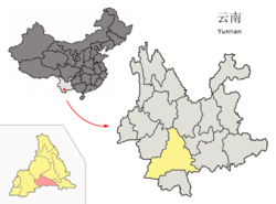 Location of Simao District (pink) and Pu'er Prefecture (yellow) within Yunnan province of China