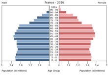 Grafik der männlichen und weiblichen Bevölkerung Frankreichs von 2016 mit der Anzahl pro eine Million Einwohner von 0 bis 3 auf der x-Achse, die in 0,6 Schritten verläuft, und dem Alter von 0 bis 100 auf der y-Achse.