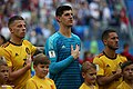 Engeland – België (Belgische keeper Courtois tijdens het volkslied, wedstrijd om derde plaats)