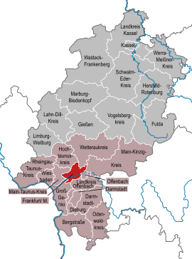 Poloha mesta Frankfurt nad Mohanom v rámci spolkovej krajiny Hesensko