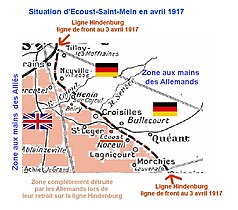 En avril 1917, Ecouts-Saint-Mein est situé en zone alliée à seulement 1 km du front.