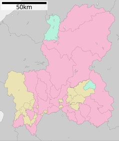 Mapa konturowa prefektury Gifu, na dole znajduje się punkt z opisem „Kawabe”