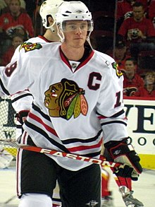 Pre-pandemic photos of Toews playing for the Blackhawks