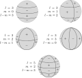 Image 10Schematic representation of spherical harmonics on a sphere and their nodal lines. Pℓ m is equal to 0 along m great circles passing through the poles, and along ℓ-m circles of equal latitude. The function changes sign each ℓtime it crosses one of these lines. (from Earth's magnetic field)