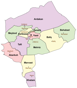 Location of Bafq County in Yazd province (right, yellow)