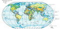 Carte du monde montrant la latitude et la longitude, suivant une projection de type Eckert VI ; version PDF large (pdf, 1,8 MB). La latitude est marquée suivant l'axe vertical, mais la longitude n'est pas mesurable directement par une mesure horizontale, car cette distance est réduite aux pôles, pour mieux correspondre aux distances terrestres réelles, sans pouvoir toutefois donner des distances exactes. Une telle déformation des distances (et des formes et angles) est inévitable avec n'importe quelle projection sur une carte plane.