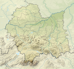 Mapa konturowa województwa małopolskiego, na dole nieco na lewo znajduje się punkt z opisem „źródło”, powyżej znajduje się również punkt z opisem „ujście”