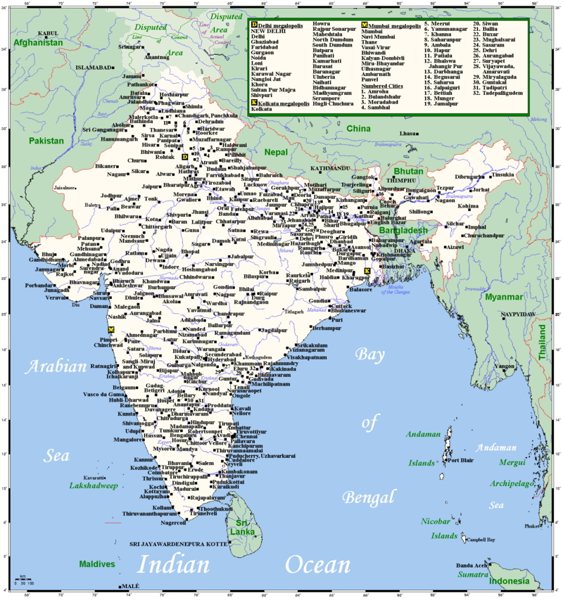 Every city in India with 100,000+ population, and then some