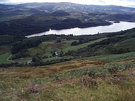 Aerial view of Above Drumlean, looking down the hillside to Loch Ard