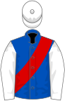 Blue, red sash, white sleeves, white cap