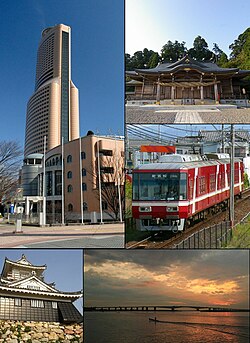 Dari kiri atas: Act City Hamamatsu, Akihasan Hongū Akiha Jinja, Jalur Kereta Api Enshu, Benteng Hamamatsu, Hamana Ōhasi