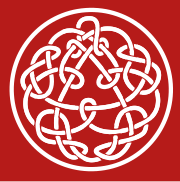 A knotwork, a design often associated with Celtic knots. The outer design is a circle, surrounding what appears to be a triangle surrounded by a Celtic knot at first glance. Closer inspection of the triangle reveals that it is in fact an organic part of the inner knot, which seems to have two continuous segments linked by knots. At first glance, the knotwork appears to be symmetric; closer inspection reveals that the right-hand knots seem to be the reverse of the left-hand knots and there are small differences among the "twin knots"; the right and left hands of the design have variations, much as our right and left hands have subtle distinctions. The design is not symmetric with respect to 120 degree rotations: The center of the pseudo-triangle is above the center of the surrounding circle, but visual balance is maintained by extra knots below the lower pseudo–line-segment. The background is crimson.