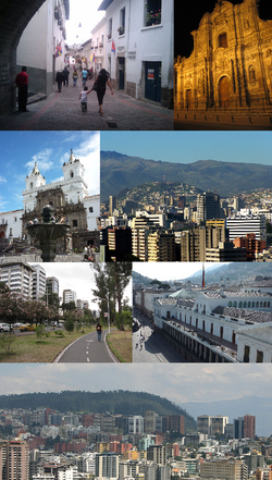 Searah jarum jam dari atas: Calle La Ronda, Iglesia de la Compañía de Jesús, El Panecillo terlihat dari Quito utara, Istana Carondelet, Quito Tengah-Utara, Parque La Carolina, dan Iglesia y Monasterio de San Francisco