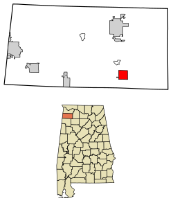 Location of Phil Campbell in Franklin County, Alabama.