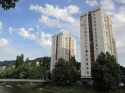 Residential high-rise buildings on the bank of the Miljacka river