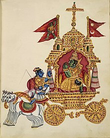 An 1830 CE painting depicting Arjuna, on the chariot, paying obeisance to Krisha, the charioteer.