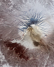 This false-colour satellite image shows the remnants of a large pyroclastic flow on the slopes of Shiveluch.