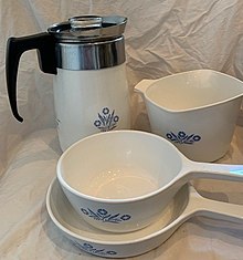 CorningWare coffee percolator, vessel, saucepan, and skillet