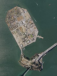 Treasure Island is "5,520 feet long by 3,410 feet wide"[1] and has the Treasure Island Marina on the south near Yerba Buena Island (bottom)