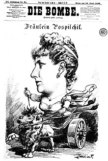 Maria Pospischil riding the Bohemian Lion to Burgtheater on the front page of Die Bombe magazine in June 1890