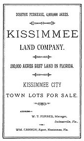 A black and white image of a land sale notice announcing 4 million acres (16,000 km2) purchased by Hamilton Disston; 20,000 acres (81 km2) are up for sale, specifically featuring town lots for sale